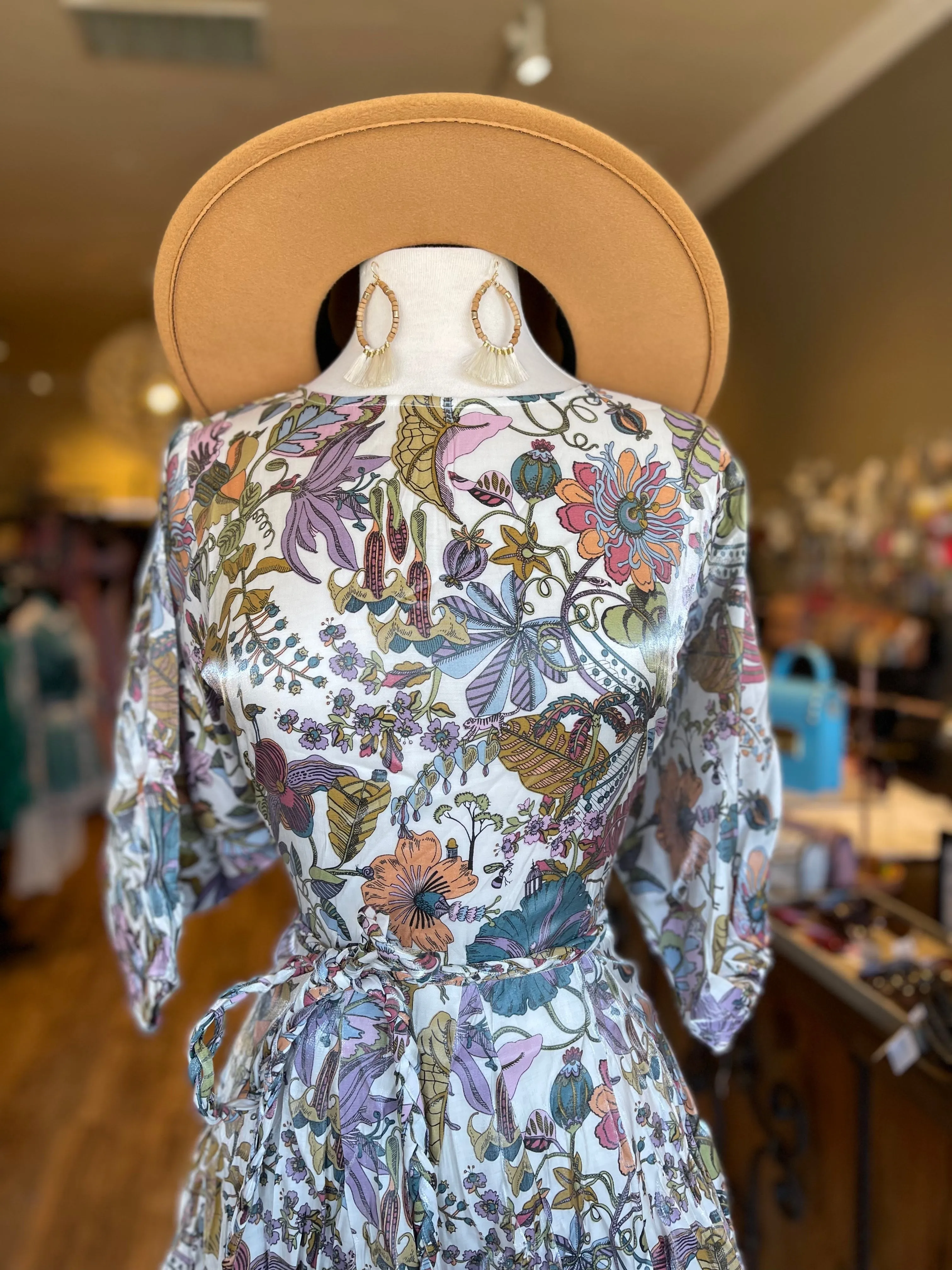 3/4 Sleeve Belted Ruffle Dress