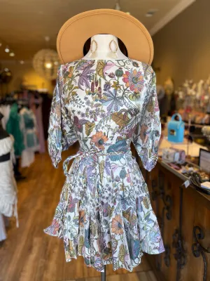 3/4 Sleeve Belted Ruffle Dress