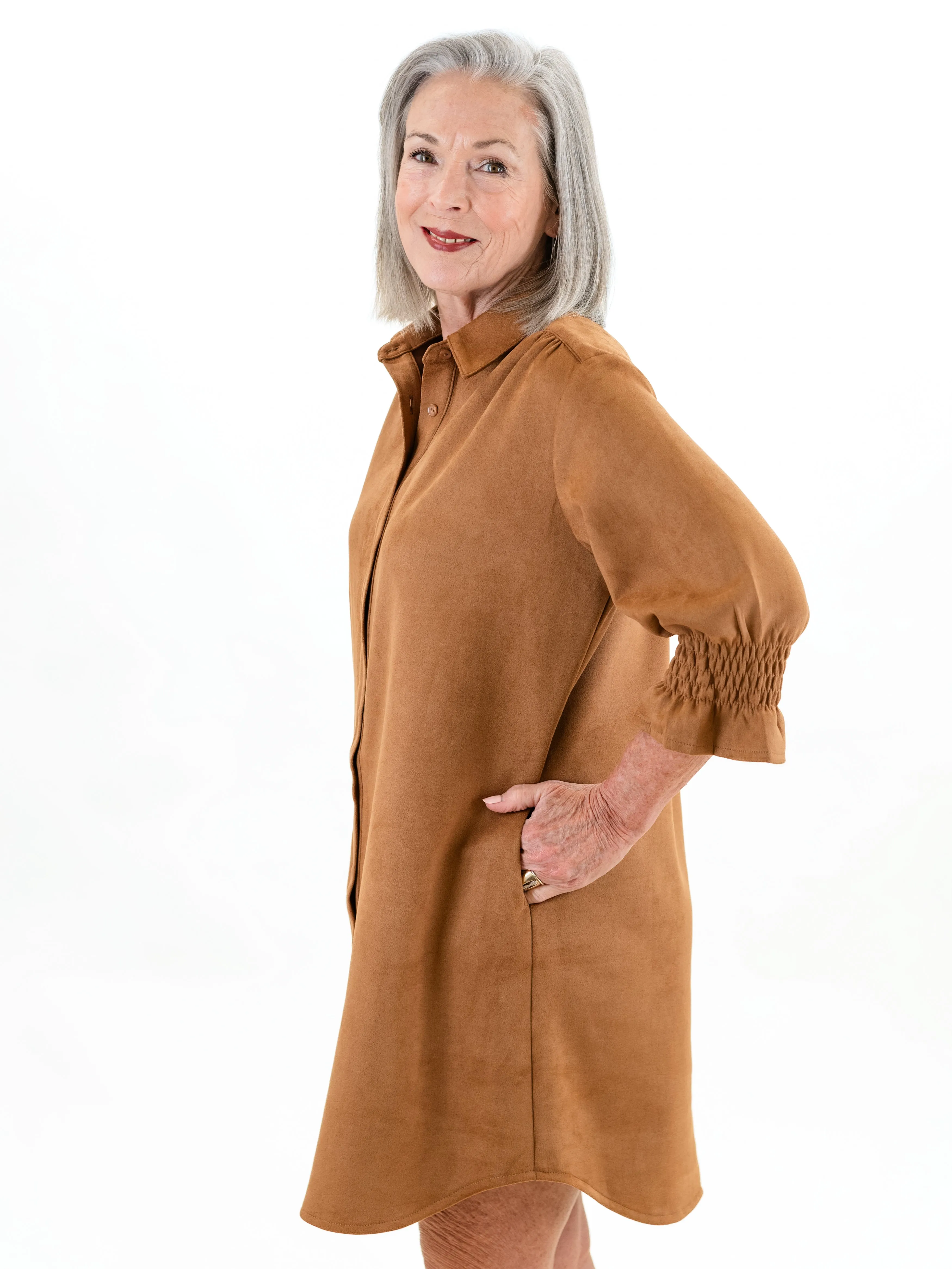 3/4 Sleeve Suede Dress Cognac by Boho Chic