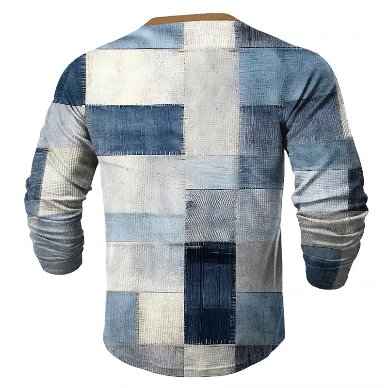 3D Printed Plaid Men's Waffle Henley T Shirt Outdoor Sports Festival Shirt Blue Brown Long Sleeve Spring & Fall Attire