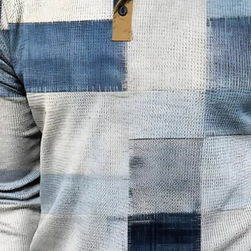 3D Printed Plaid Men's Waffle Henley T Shirt Outdoor Sports Festival Shirt Blue Brown Long Sleeve Spring & Fall Attire