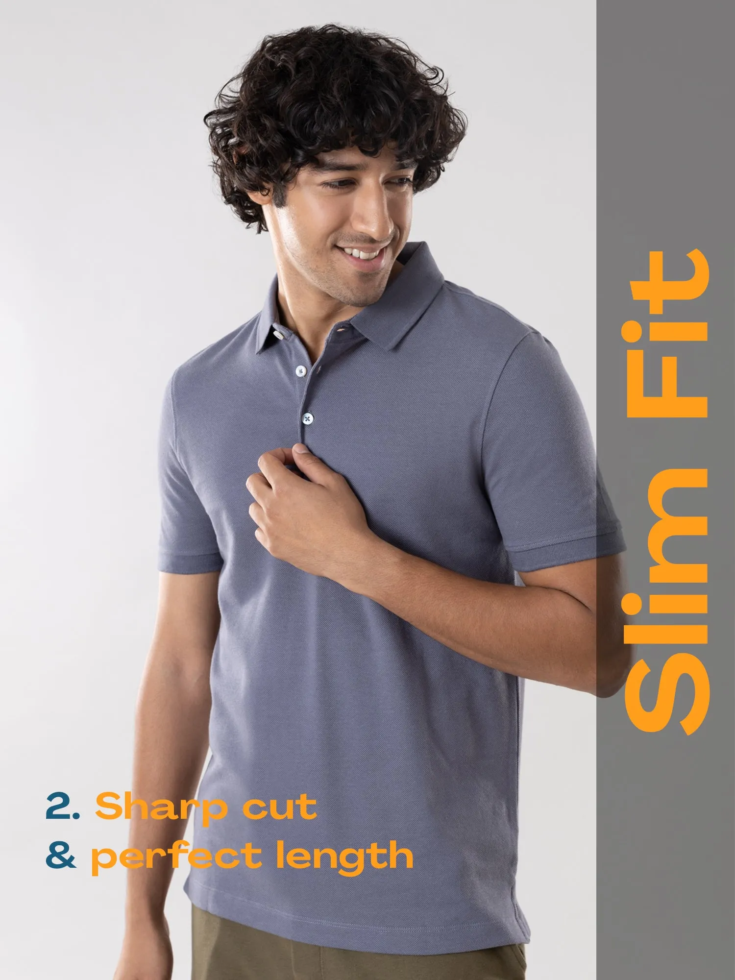Anti Stain & Anti Odor Cotton Polo with No - Curl Collar - Ocean Grey