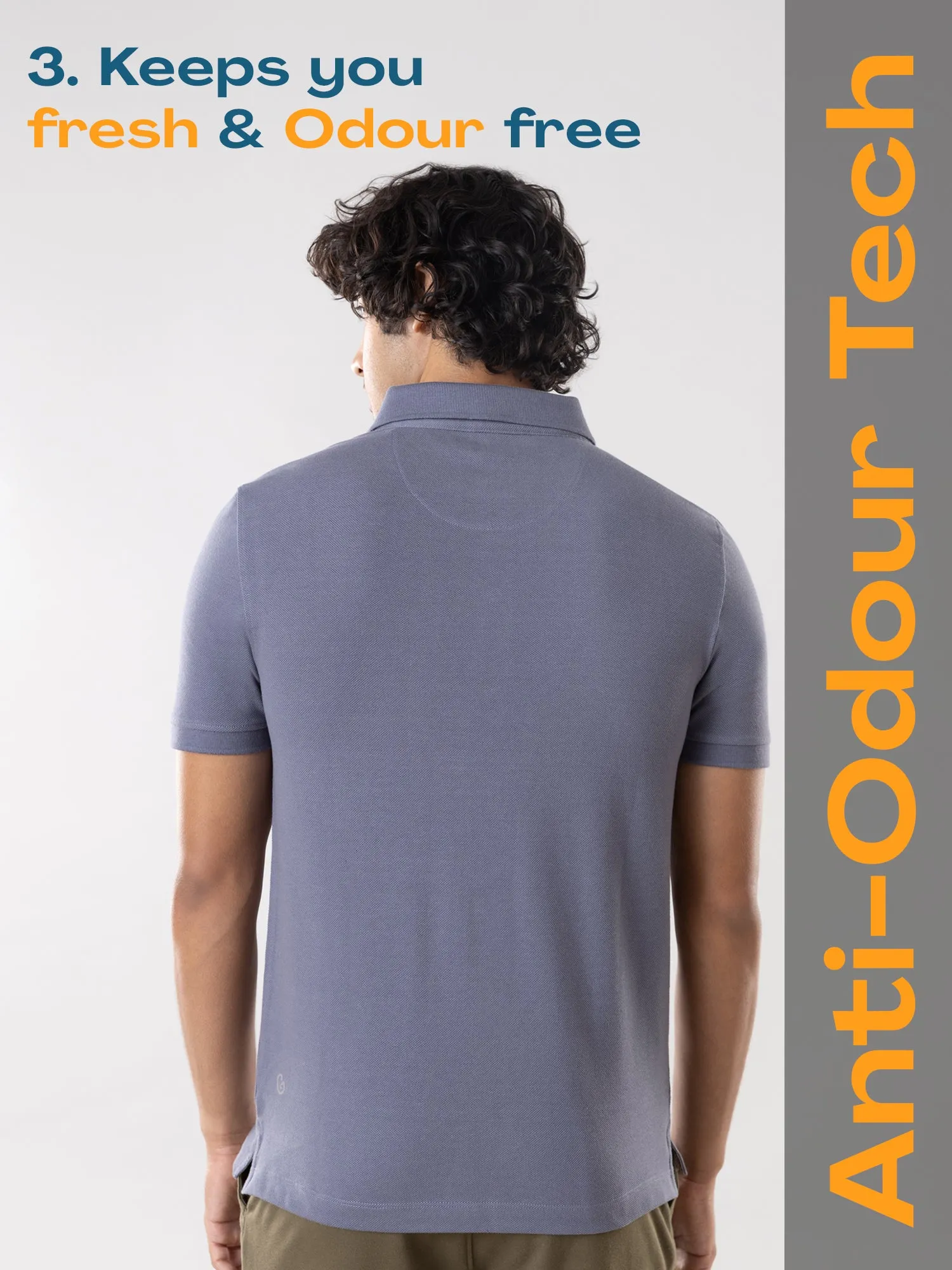 Anti Stain & Anti Odor Cotton Polo with No - Curl Collar - Ocean Grey