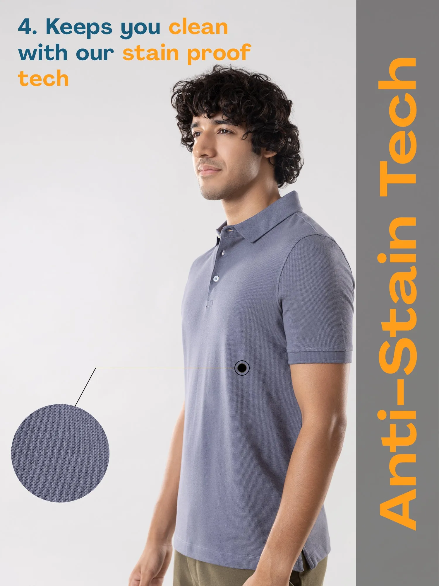 Anti Stain & Anti Odor Cotton Polo with No - Curl Collar - Ocean Grey