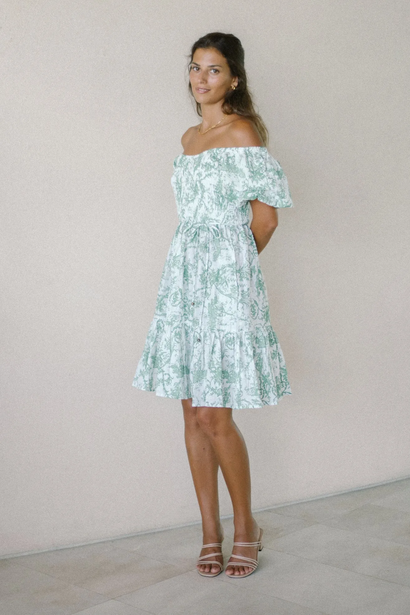 Avalira Green Floral Toile Puff Sleeve Mini Dress