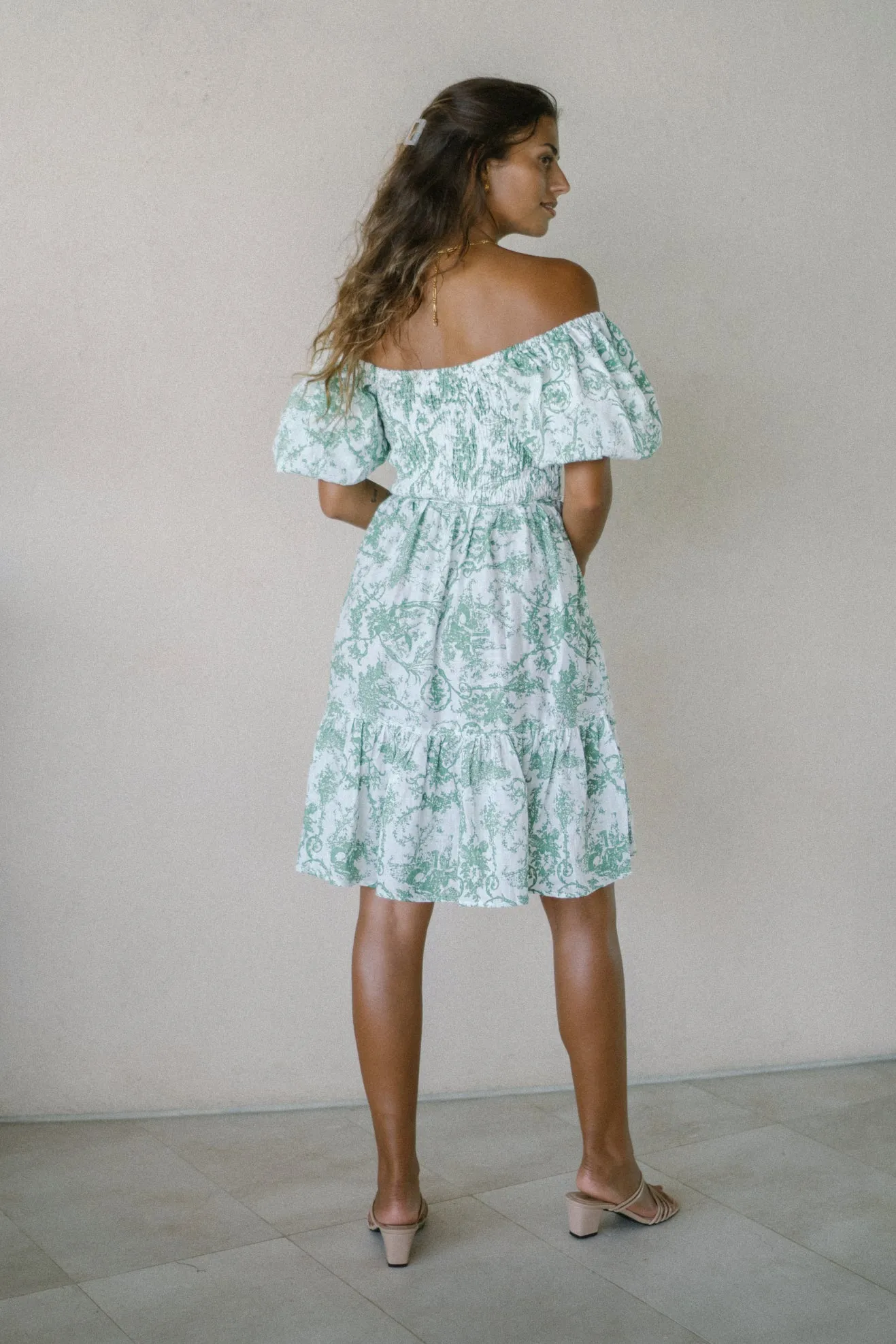 Avalira Green Floral Toile Puff Sleeve Mini Dress