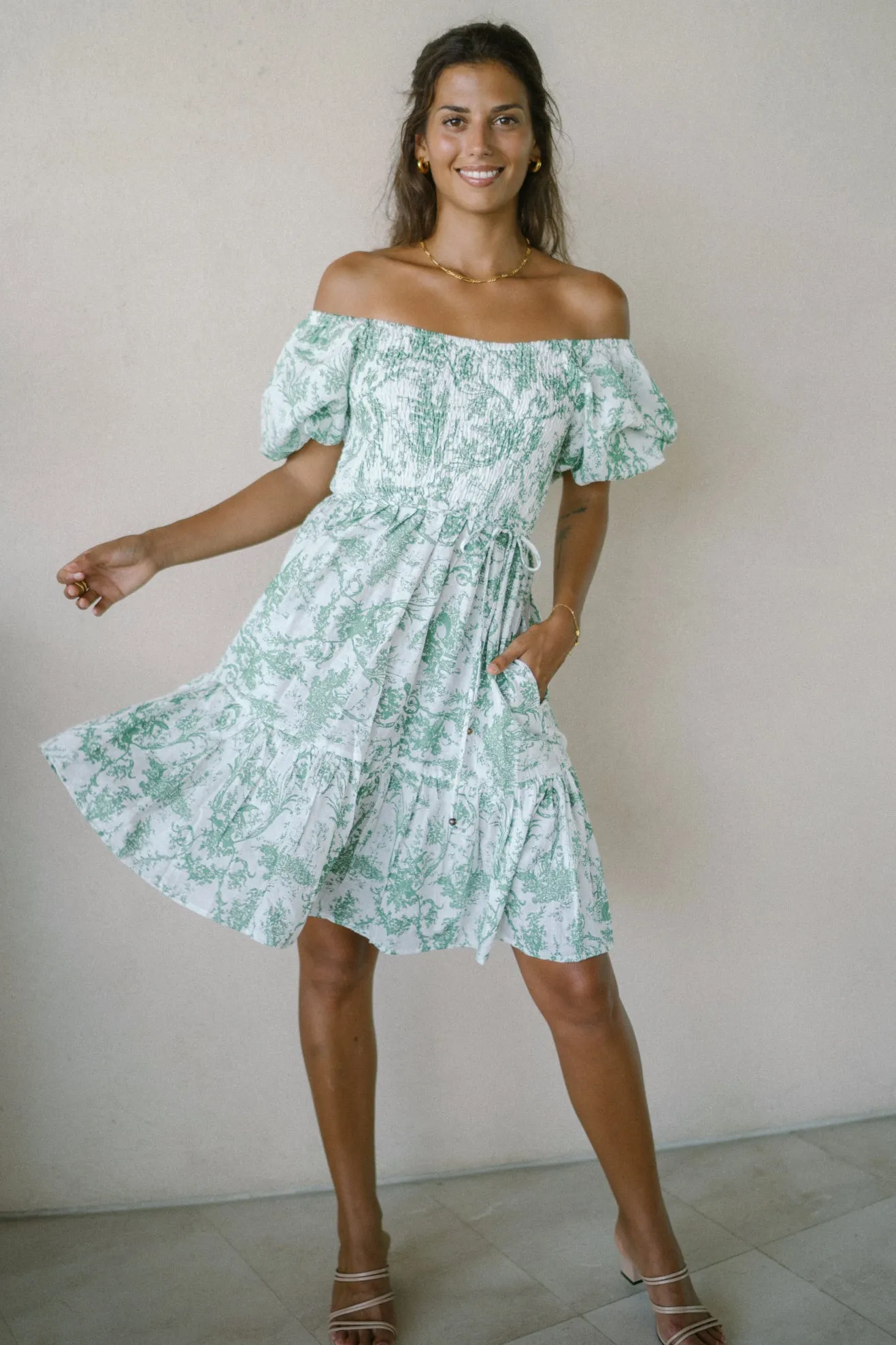 Avalira Green Floral Toile Puff Sleeve Mini Dress