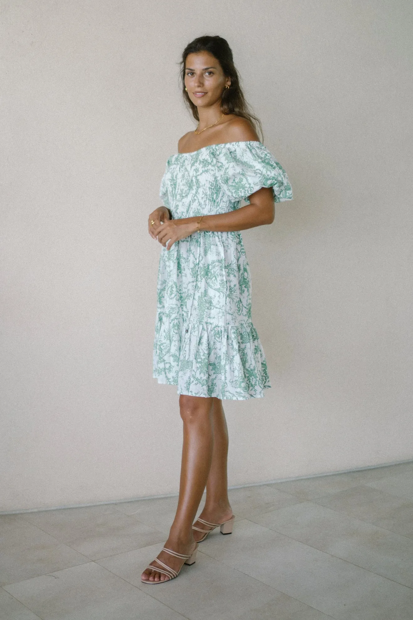Avalira Green Floral Toile Puff Sleeve Mini Dress