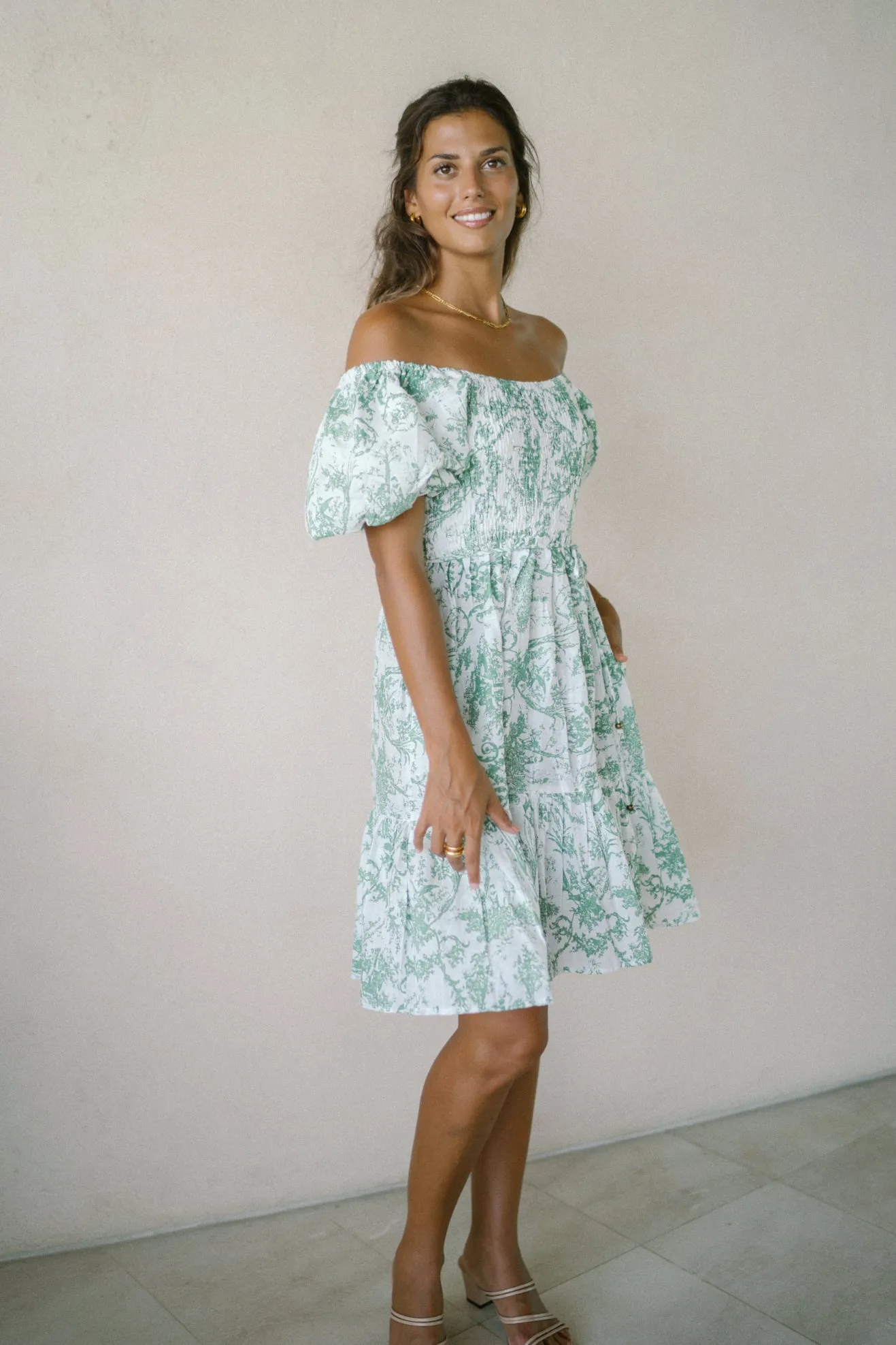 Avalira Green Floral Toile Puff Sleeve Mini Dress