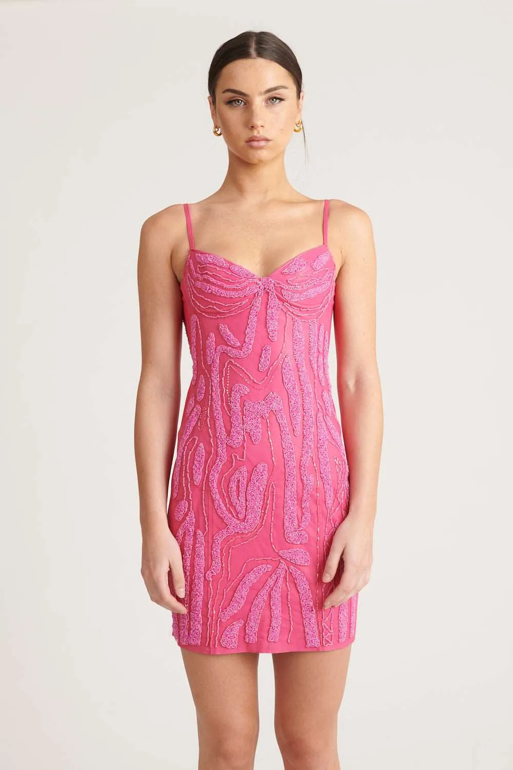 Beaded Leather Date Dress - Pink