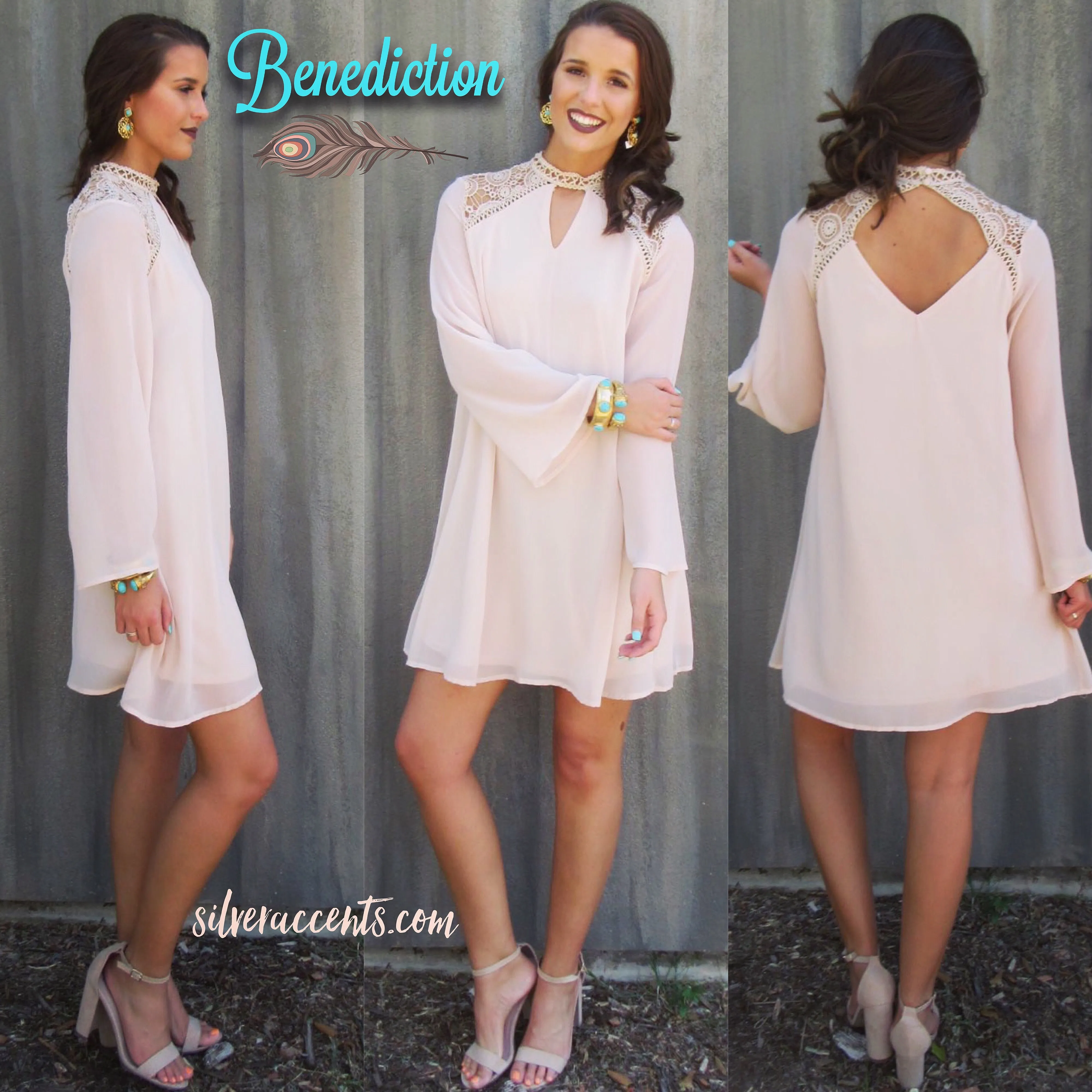 BENEDICTION Lace Contrast BellSleeve Chiffon Sheath Dress