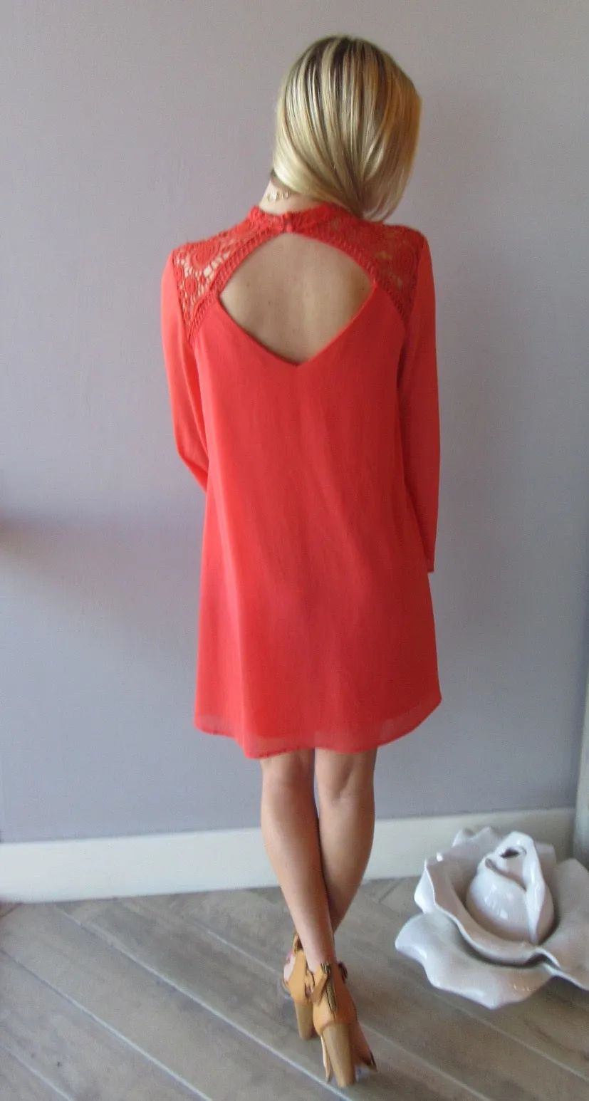 BENEDICTION Lace Contrast BellSleeve Chiffon Sheath Dress