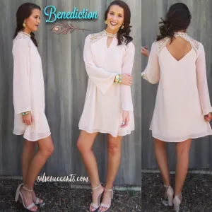BENEDICTION Lace Contrast BellSleeve Chiffon Sheath Dress