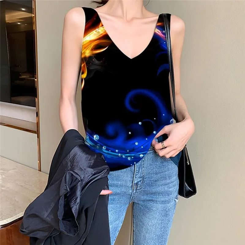 Blue Flame Tank Top Women Red Flame Sleeveless 3d Colorful Vest Print Harajuku Funny Top