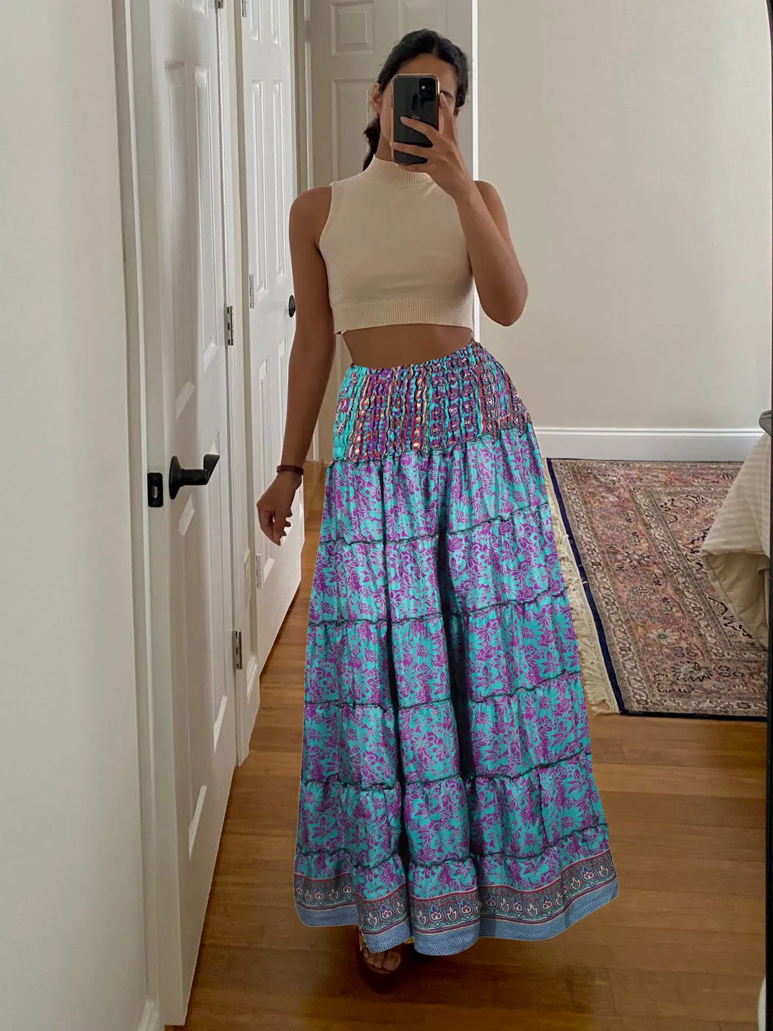 Bohemian  Blue, Purple Floral Beach Maxi Skirt Patchwork Boho Skirt Dress S/M