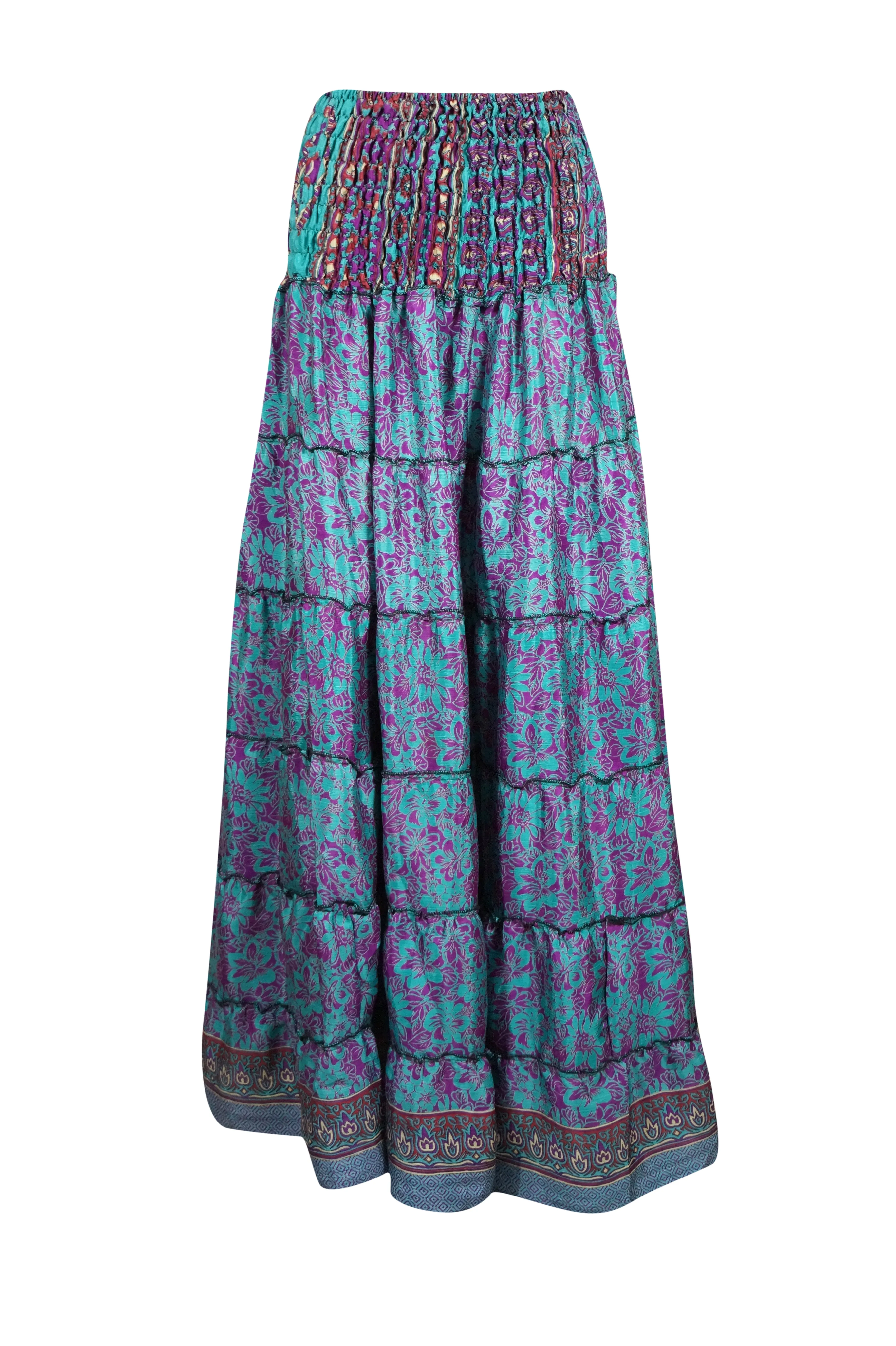 Bohemian  Blue, Purple Floral Beach Maxi Skirt Patchwork Boho Skirt Dress S/M