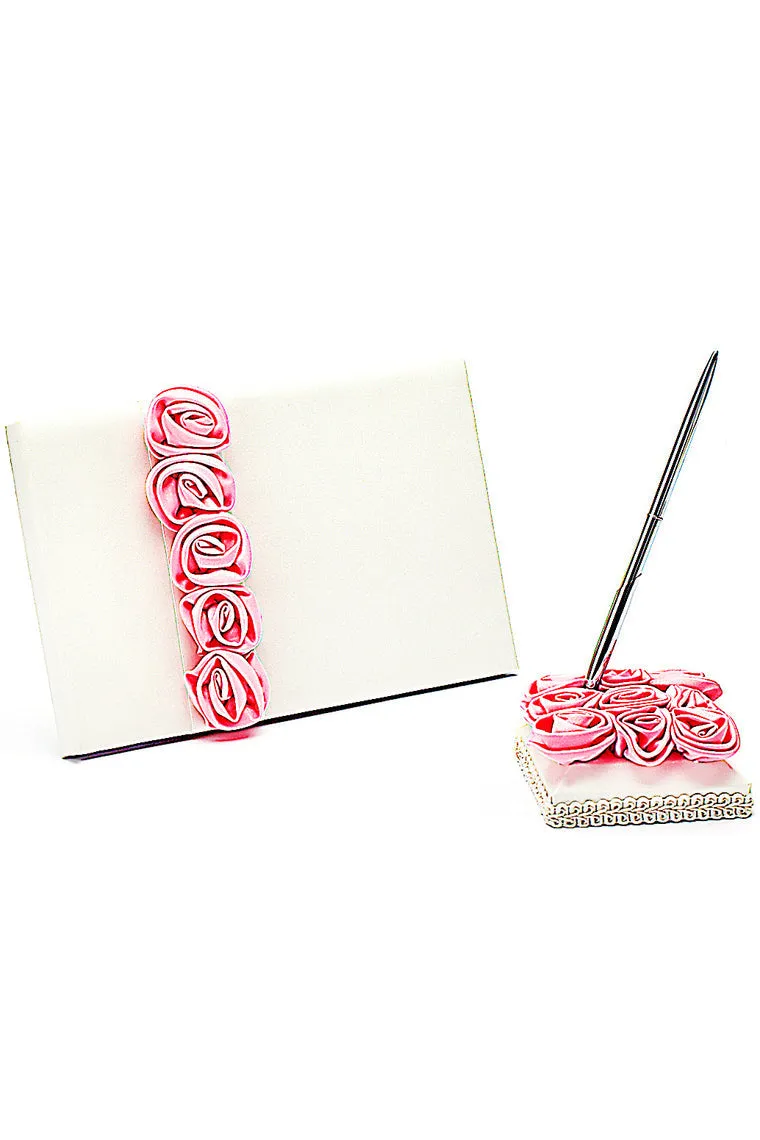 Bold Red Luxury Rose Lined Rose Guestbook & Pen Set