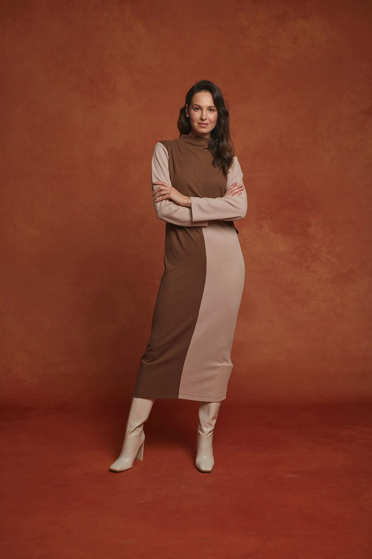 Brown Nidos Brown Beige Contrast Dress