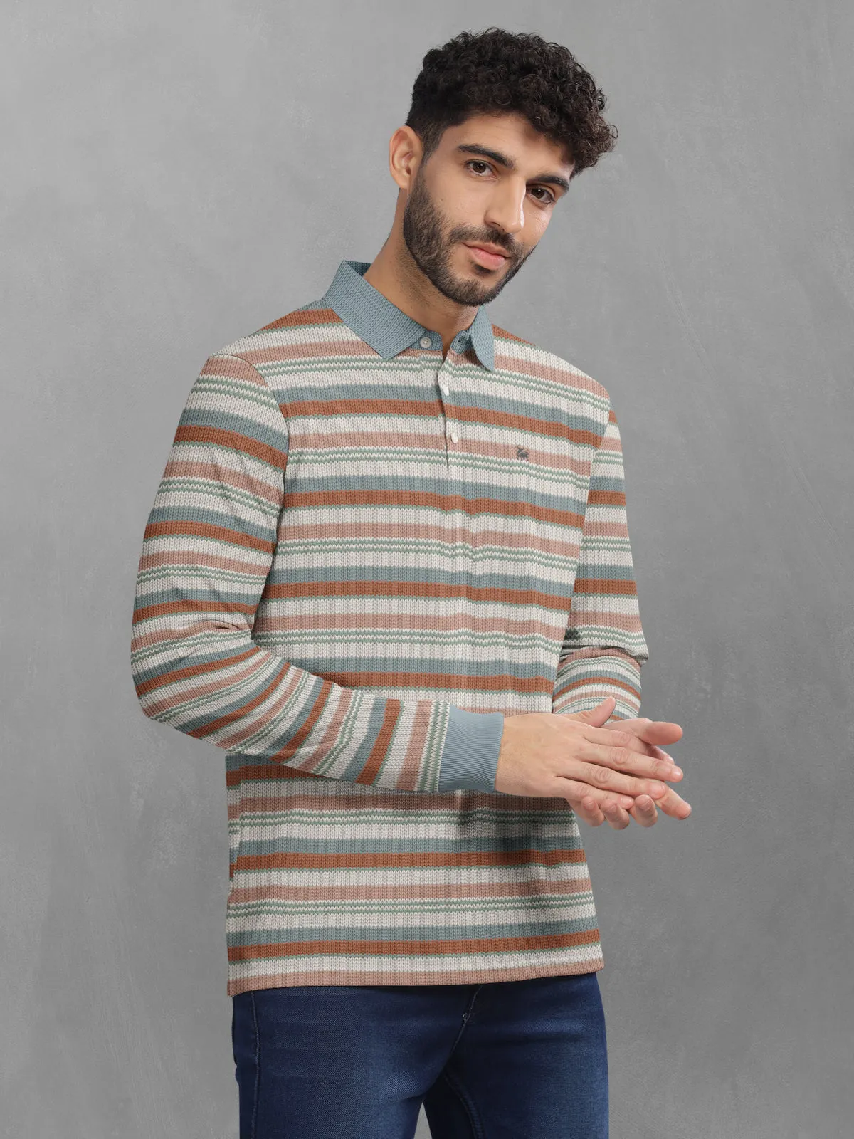 BULLMER Brown Striped Textured Printed Polo Neck FullSleeve T-shirt With Rib For Men