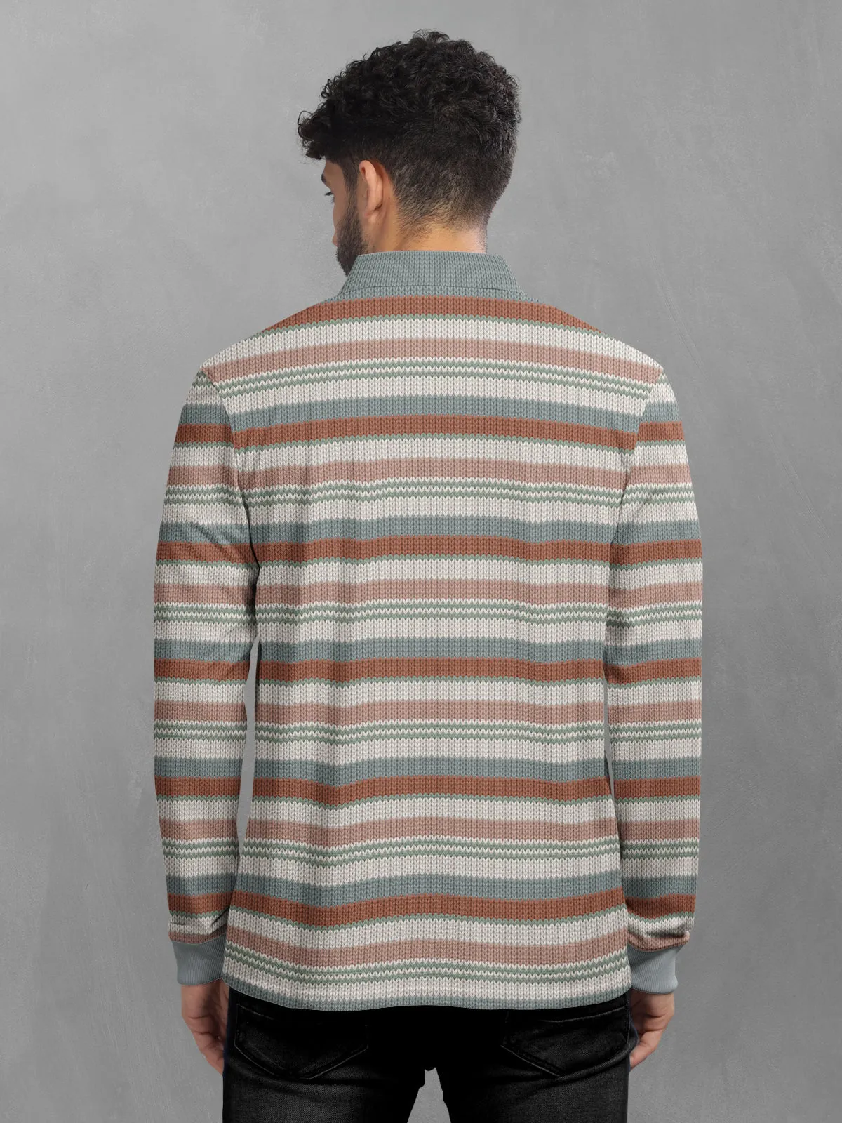 BULLMER Brown Striped Textured Printed Polo Neck FullSleeve T-shirt With Rib For Men