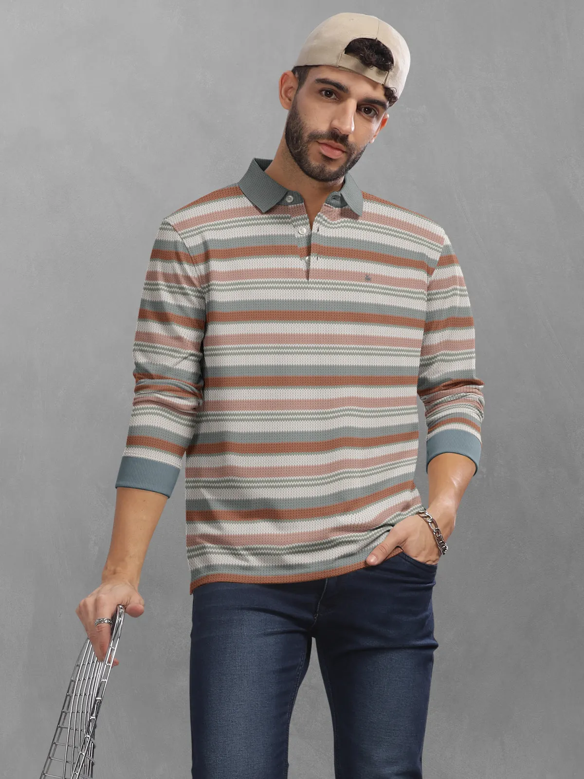 BULLMER Brown Striped Textured Printed Polo Neck FullSleeve T-shirt With Rib For Men