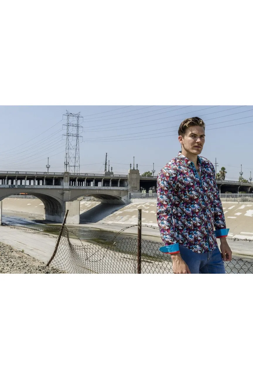 Button Down Print Shirt W/Blue Trim