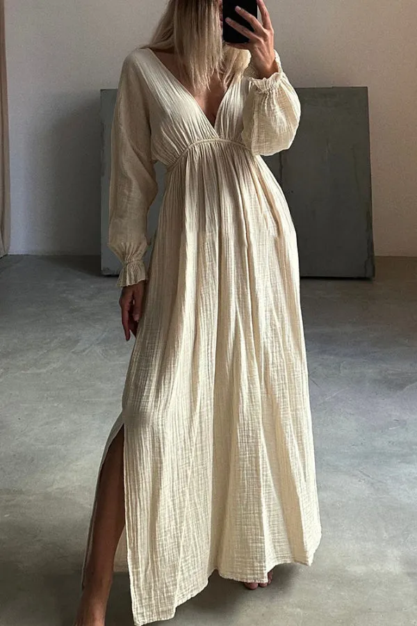 Casual V-neck Slit Cotton and Linen Dress