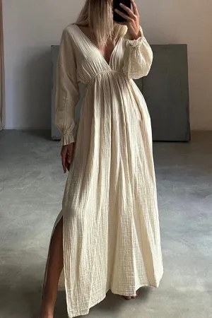 Casual V-neck Slit Cotton and Linen Dress