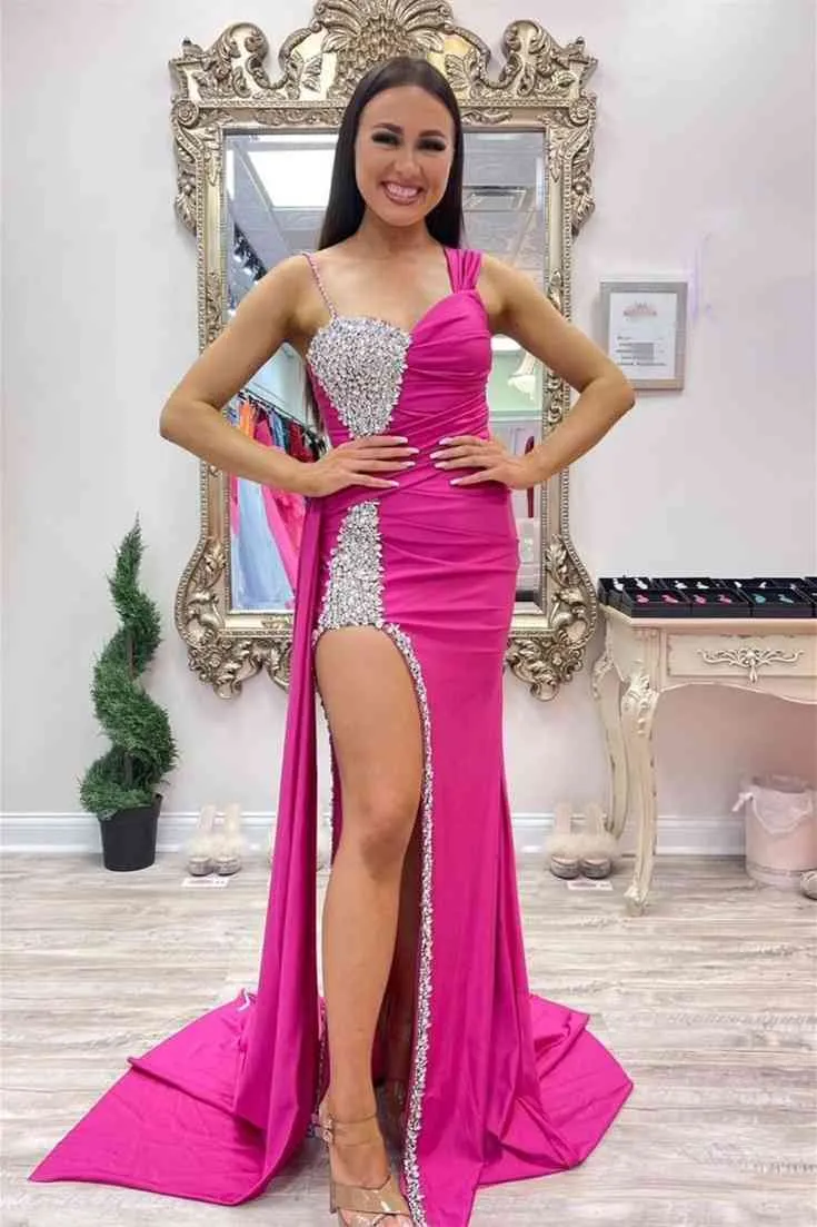 Chic Asymmertrical Fuchsia Beaded Long Porm Dress