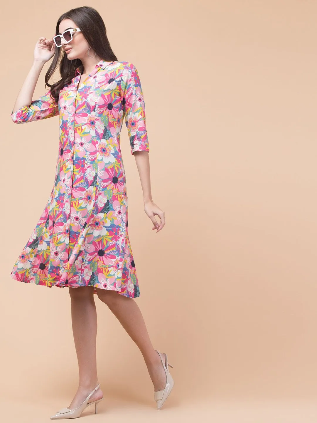 Chic Pink Elegant Shirt Midi Dress