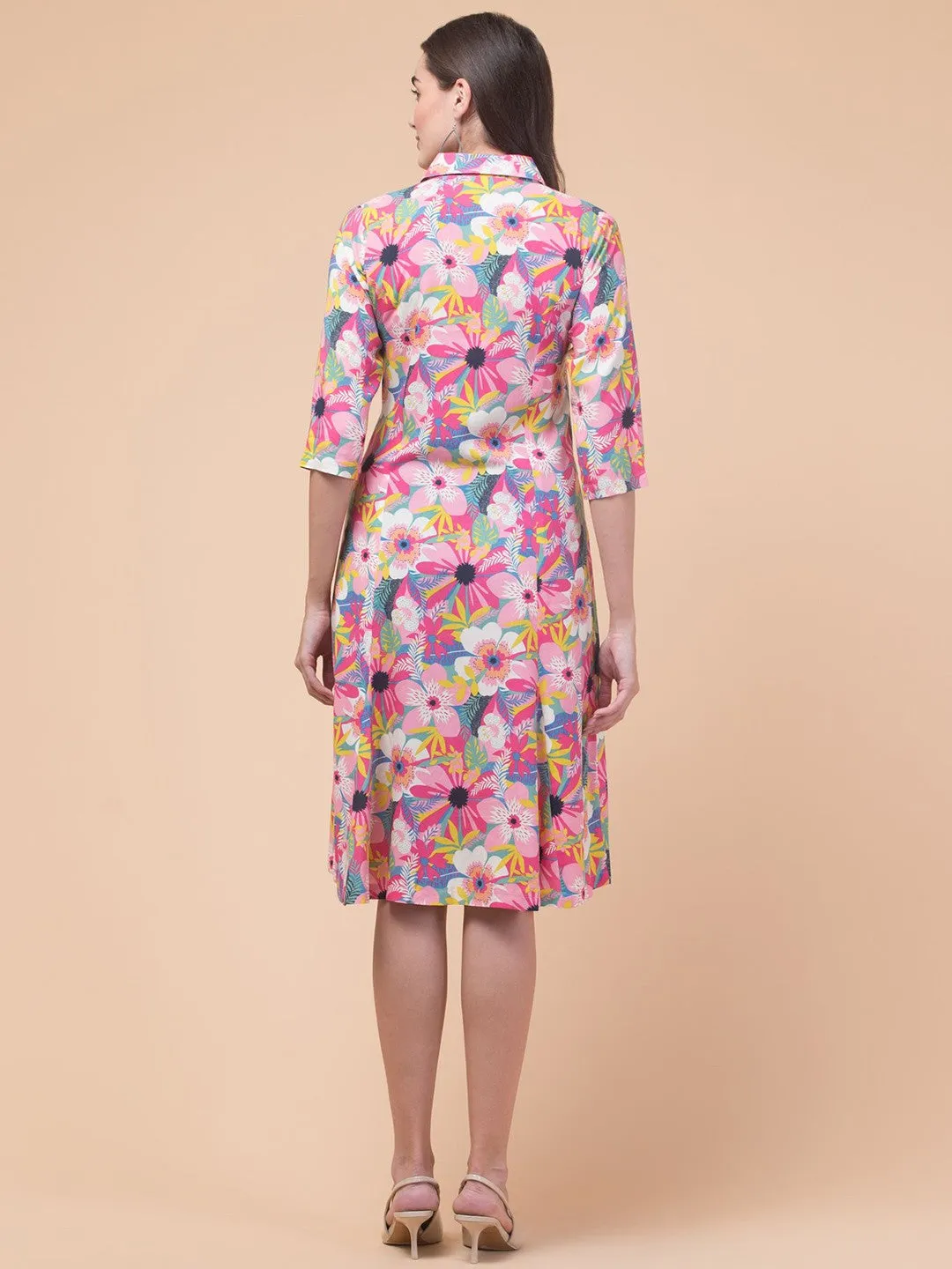Chic Pink Elegant Shirt Midi Dress