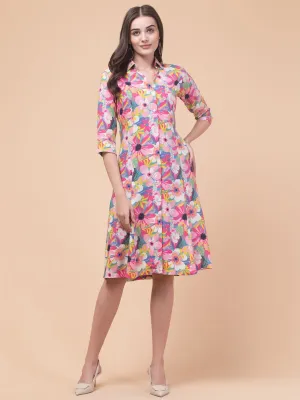 Chic Pink Elegant Shirt Midi Dress