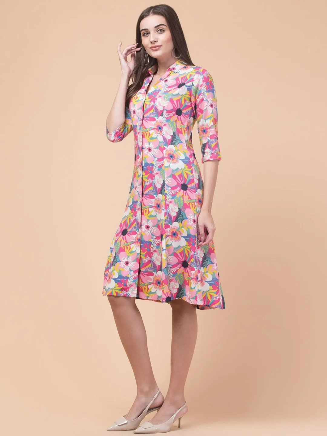 Chic Pink Elegant Shirt Midi Dress