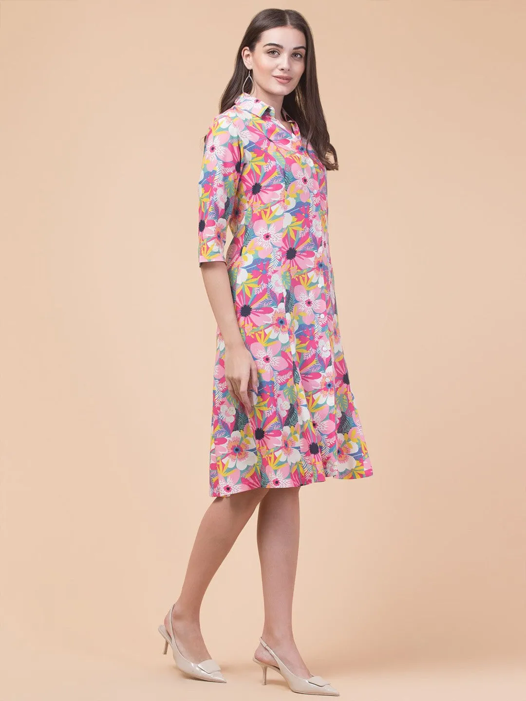 Chic Pink Elegant Shirt Midi Dress