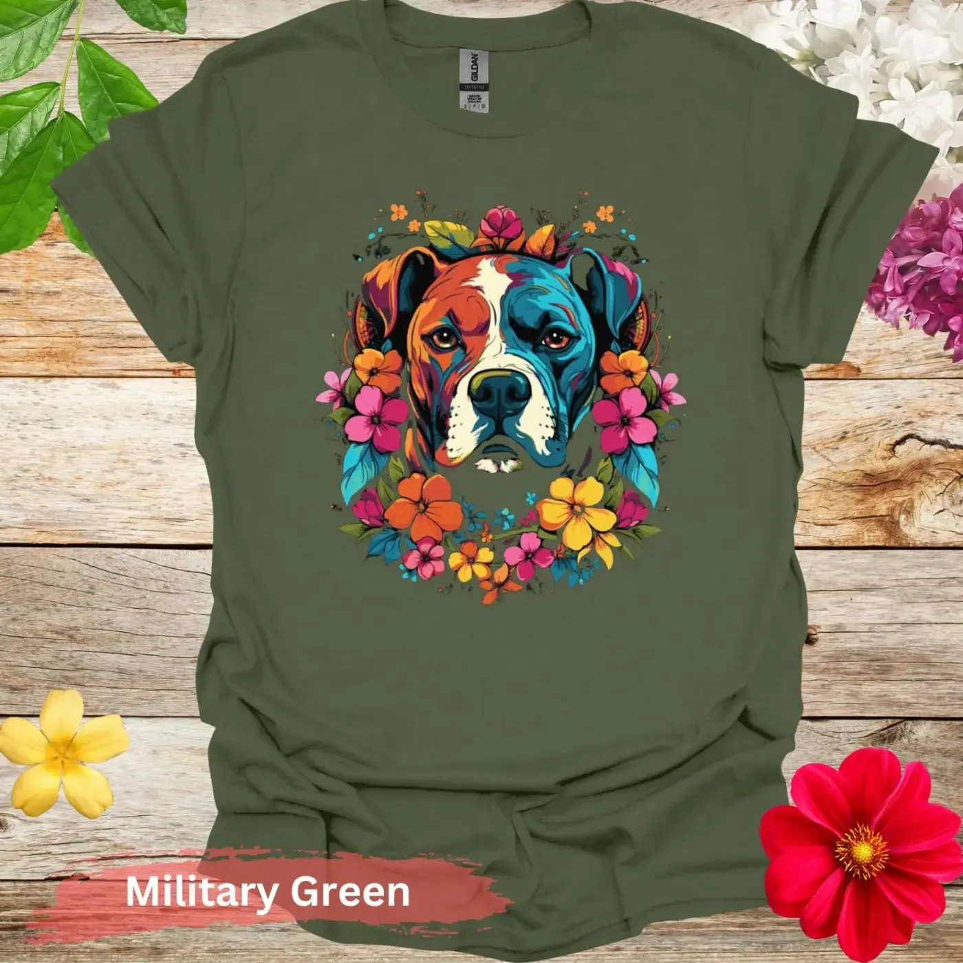 Colorful Dog Floral Graphic T-Shirt