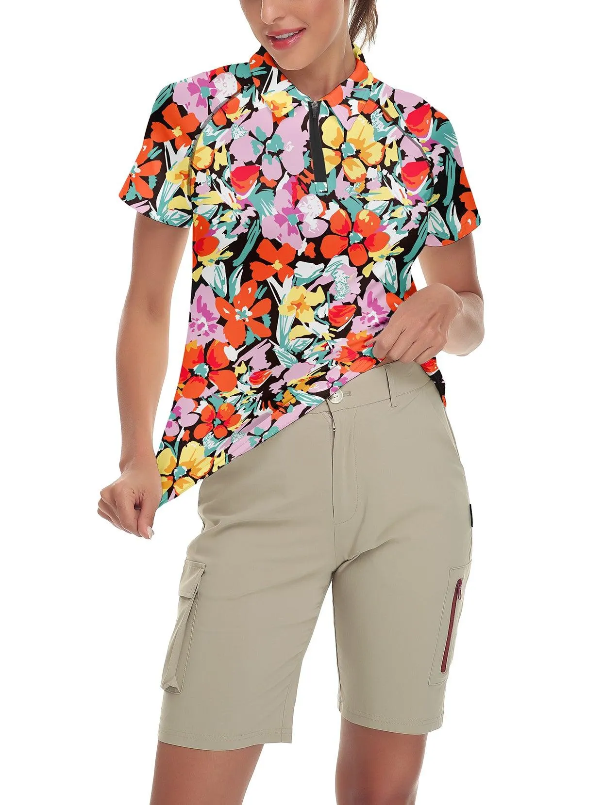 Colorful Flower on Black Background Short-sleeve Golf Polo for Women
