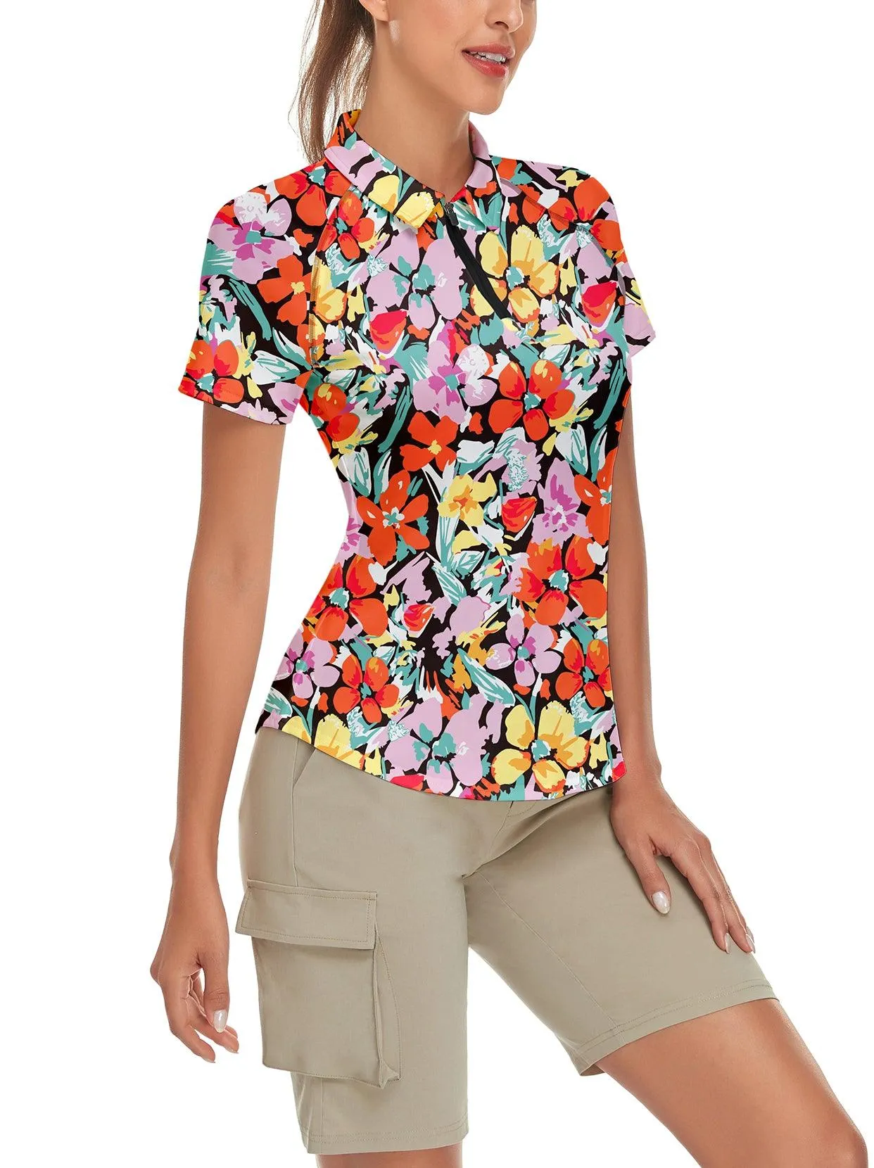 Colorful Flower on Black Background Short-sleeve Golf Polo for Women