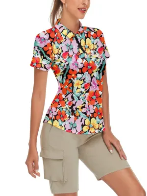 Colorful Flower on Black Background Short-sleeve Golf Polo for Women