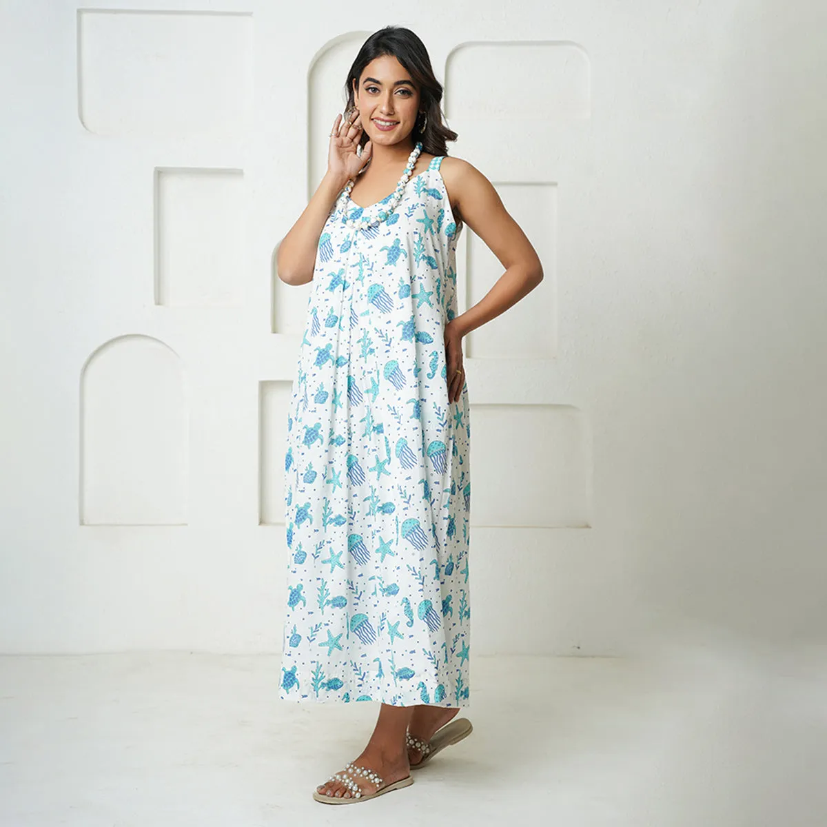 Cotton Dress For Women | Handblock Print | Sleevesless | Blue