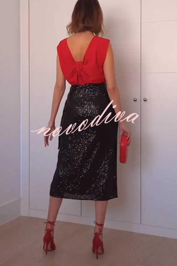 Crushing on You Sequin High Rise Wrap Tie-up Slit Midi Skirt