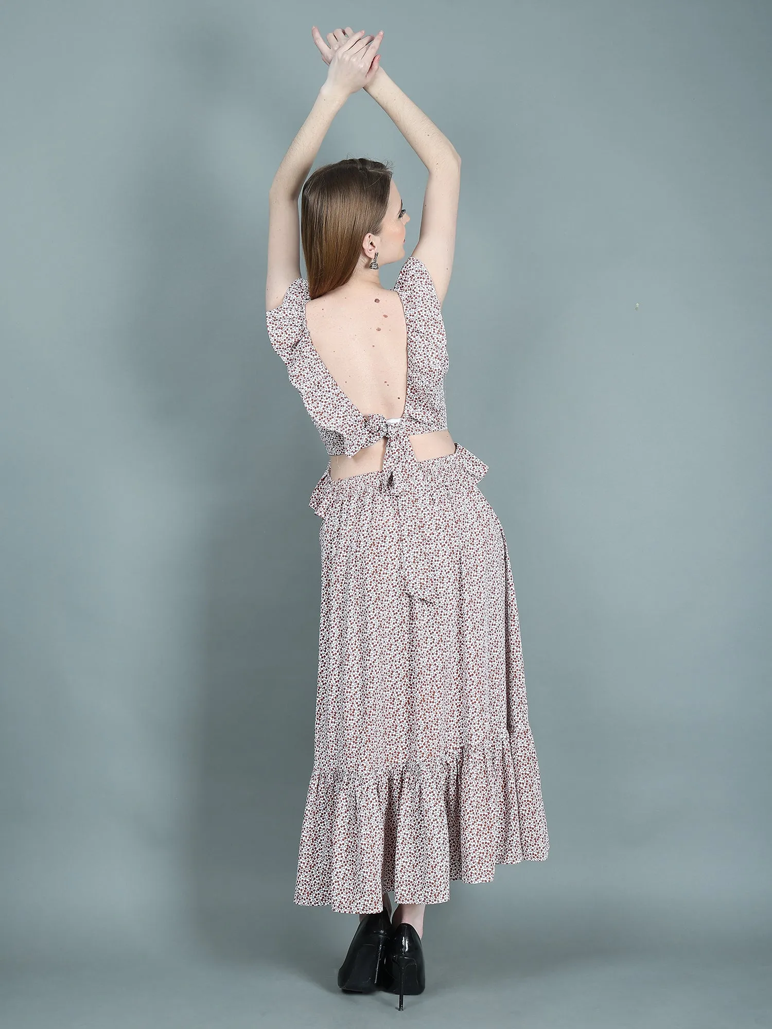 Emily Sleeveless Printed Long Dress with Ruffles and Bare Back