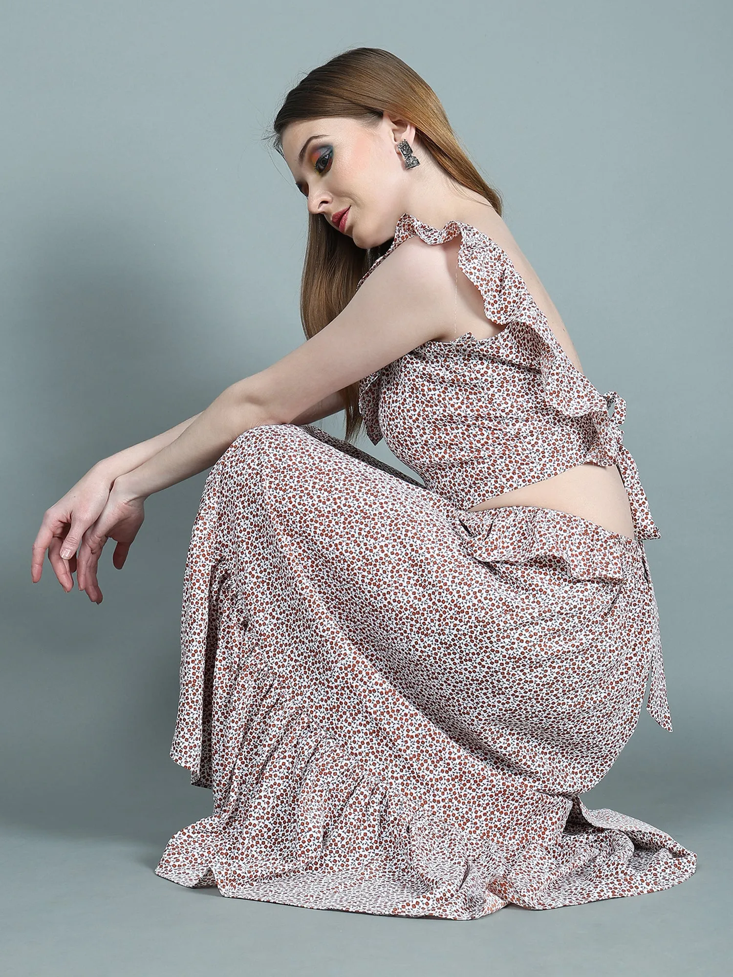 Emily Sleeveless Printed Long Dress with Ruffles and Bare Back