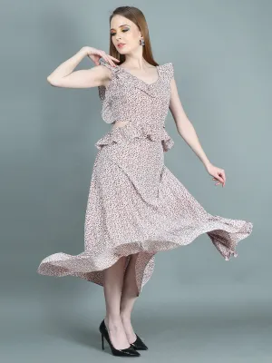 Emily Sleeveless Printed Long Dress with Ruffles and Bare Back
