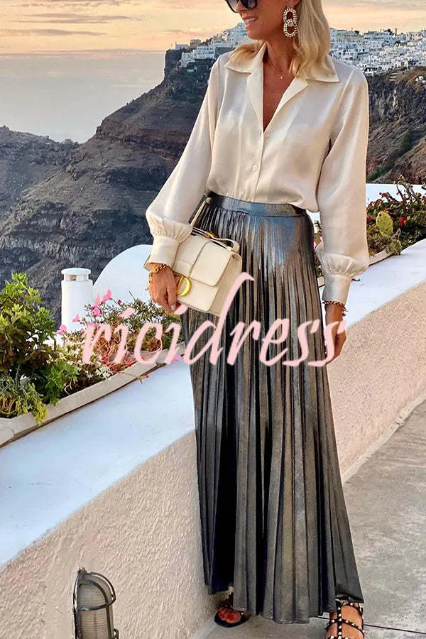 Fashionable Metallic Pleated Back Elastic Waist Maxi Skirt