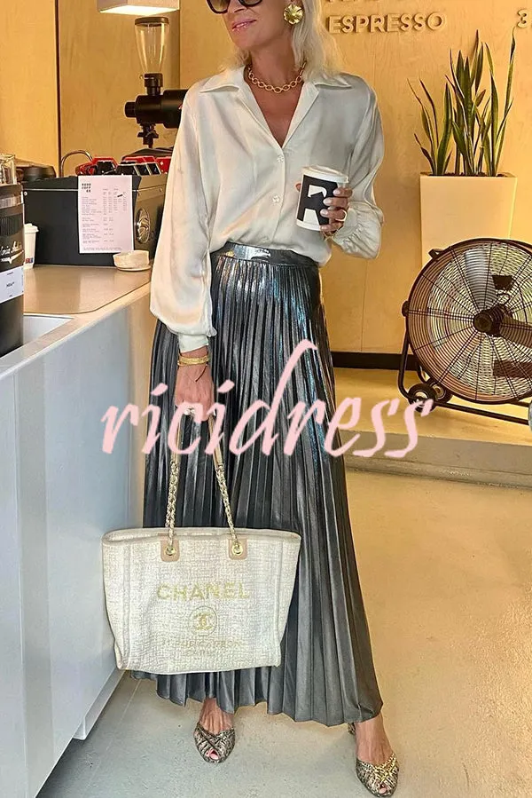 Fashionable Metallic Pleated Back Elastic Waist Maxi Skirt