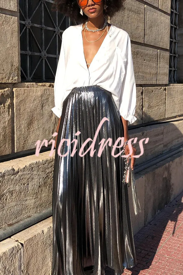 Fashionable Metallic Pleated Back Elastic Waist Maxi Skirt