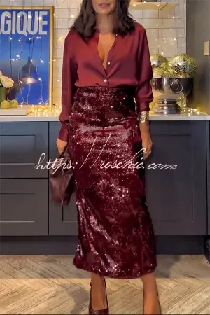 Feeling Festive Texture Sequin Elastic Waist Slit Maxi Skirt