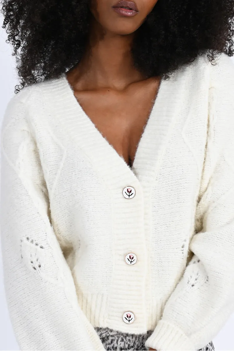 Flower Button Ivory Cardigan