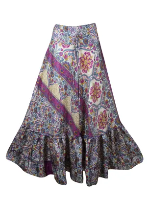 Flowy Skirts for Women Pink Blue Floral Beach Maxi Skirt Patchwork Boho Skirt Dress M/L