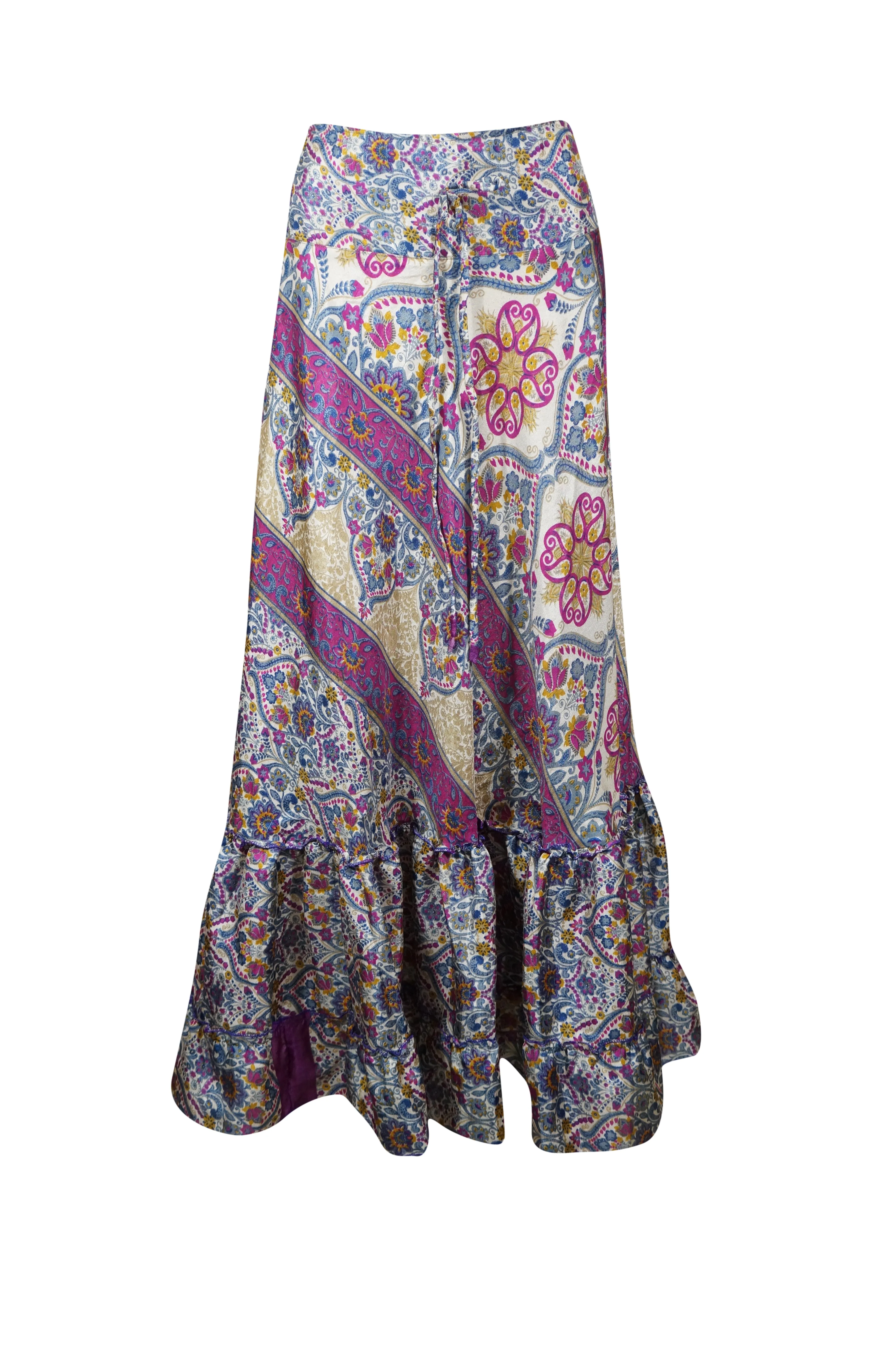 Flowy Skirts for Women Pink Blue Floral Beach Maxi Skirt Patchwork Boho Skirt Dress M/L